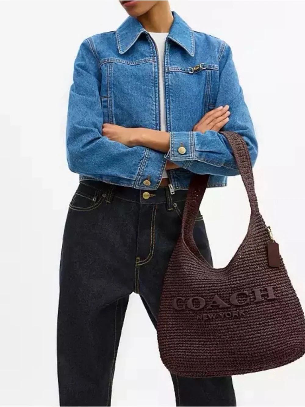 NWT🍁Coach Brooklyn Shoulder Bag 34 Maple Dark Brown CDZ38 Straw Tote Woven Fall